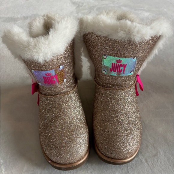 Juicy Couture Snow Boots Gold Glitter Kids Sparkling Faux Fur Size 3 - Picture 2 of 8